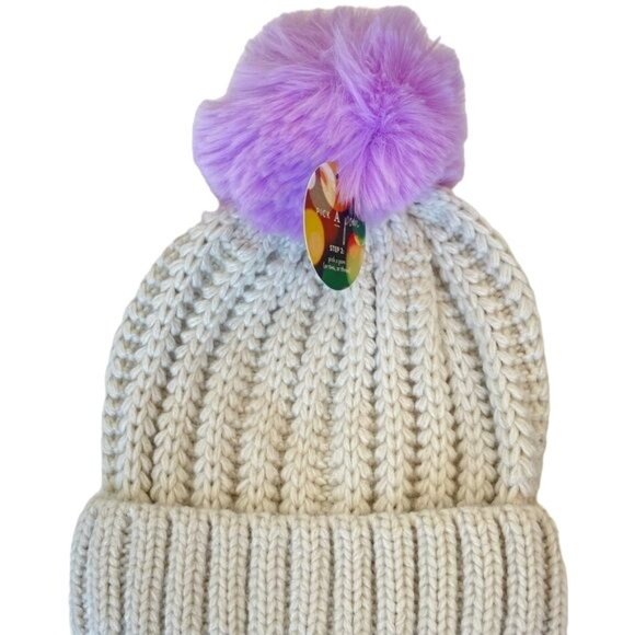 Anthropologie Pick A Pom Beanie Stocking Hat Ivory Set 3 Poms purple yellow NWT - Picture 4 of 4